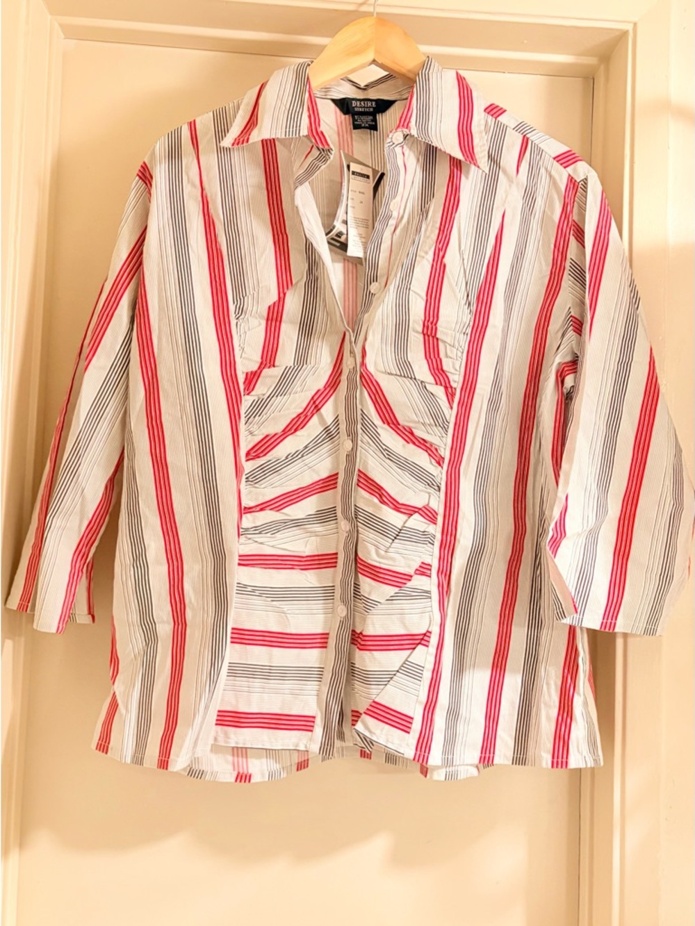 Desire Collection White Button-Up Blouse with Red and Black Stripes